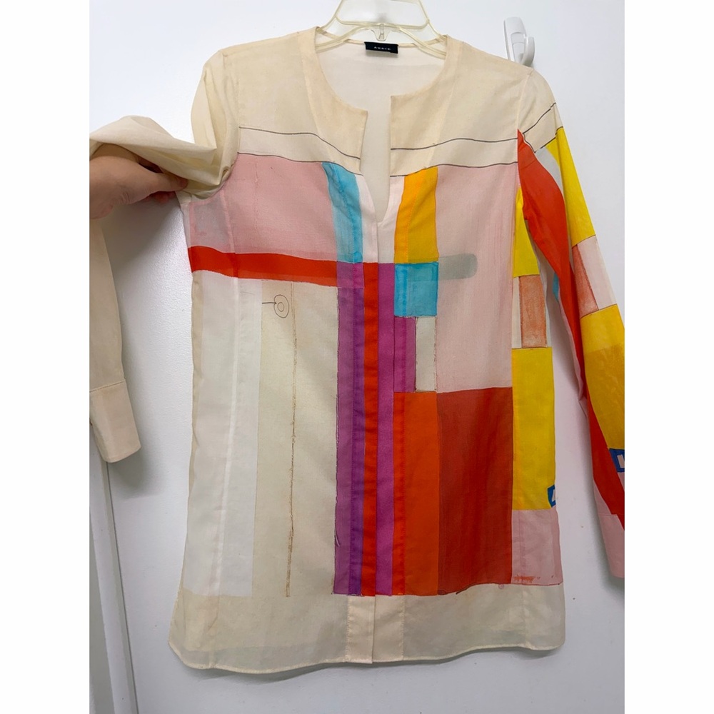 Akris Mural Print Cotton Shirt Tunic Blouse Red Beige Colorblock Geometric 6 - Picture 6 of 13